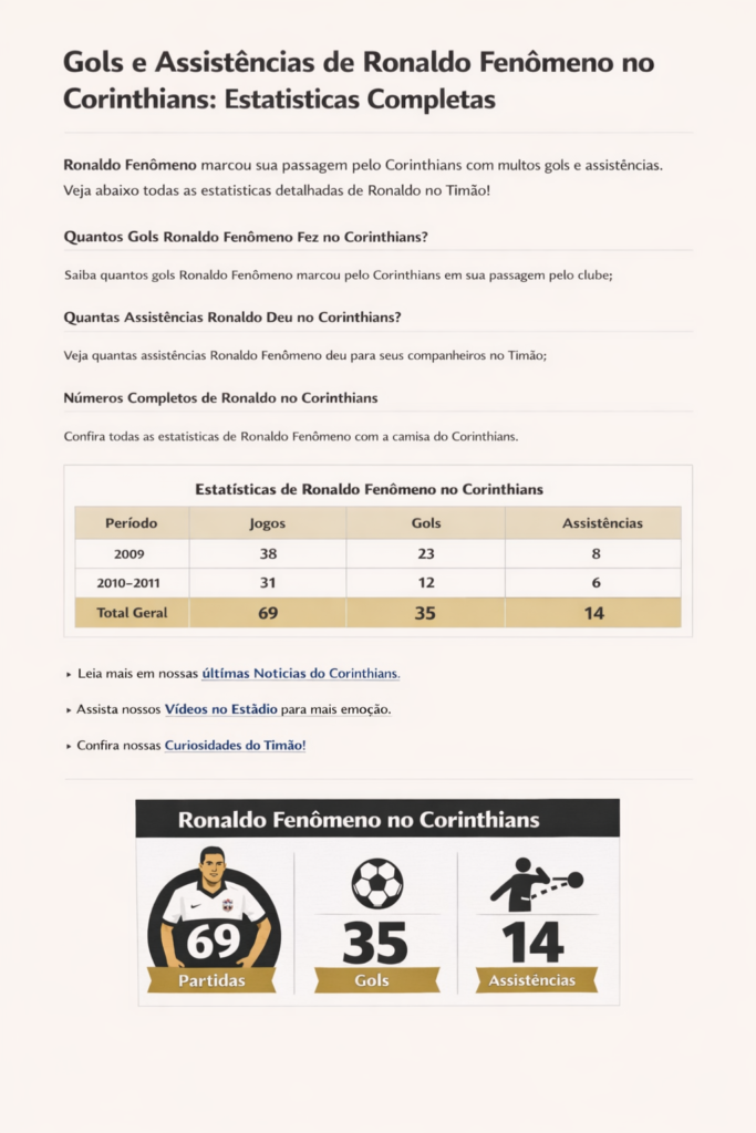 Gráfico de Ronaldo Fenômeno no Corinthians: 69 partidas, 35 gols e 14 assistências