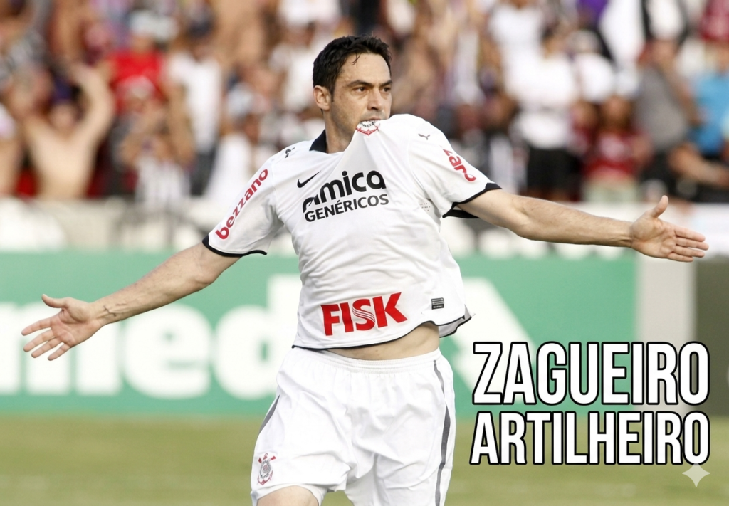 "Zagueiro Chicão comemorando gol pelo Corinthians em jogo no Pacaembu."