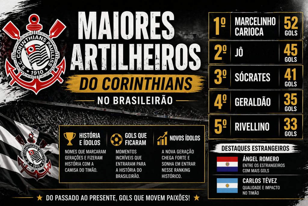 Maiores artilheiros do Corinthians no Brasileirão com Marcelinho Carioca, Jô e Sócrates