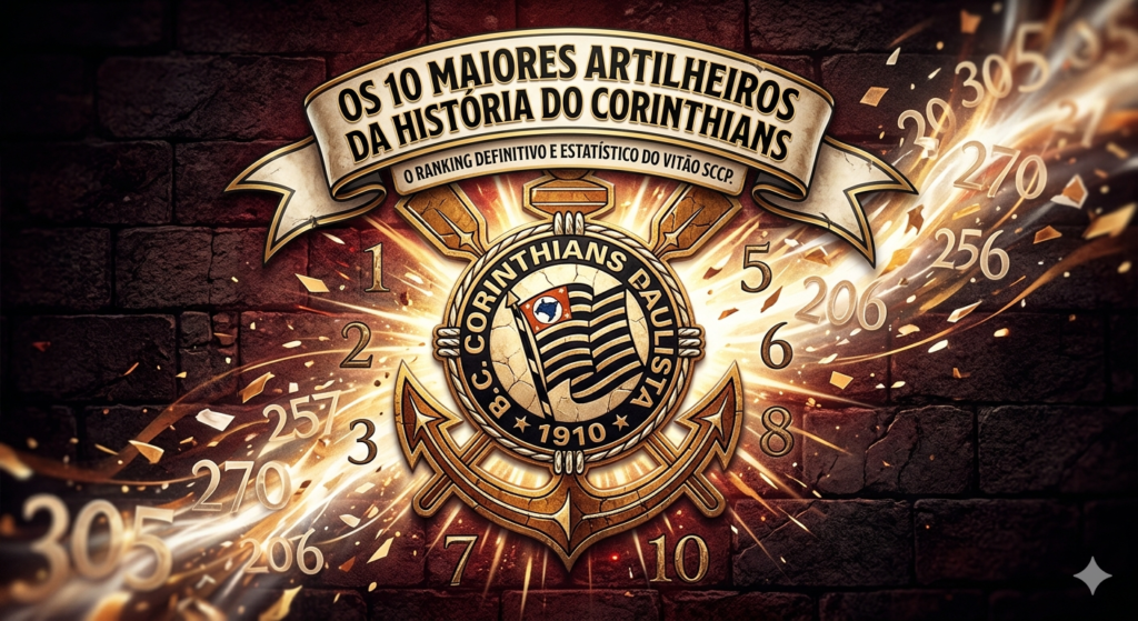 Ilustração épica com o escudo do Corinthians centralizado sobre um fundo de tijolos escuros, cercado por números dourados brilhantes que representam as contagens de gols dos maiores artilheiros, com uma faixa decorativa no topo escrita 'Os 10 Maiores Artilheiros da História do Corinthians