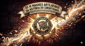 Ilustração épica com o escudo do Corinthians centralizado sobre um fundo de tijolos escuros, cercado por números dourados brilhantes que representam as contagens de gols dos maiores artilheiros, com uma faixa decorativa no topo escrita 'Os 10 Maiores Artilheiros da História do Corinthians