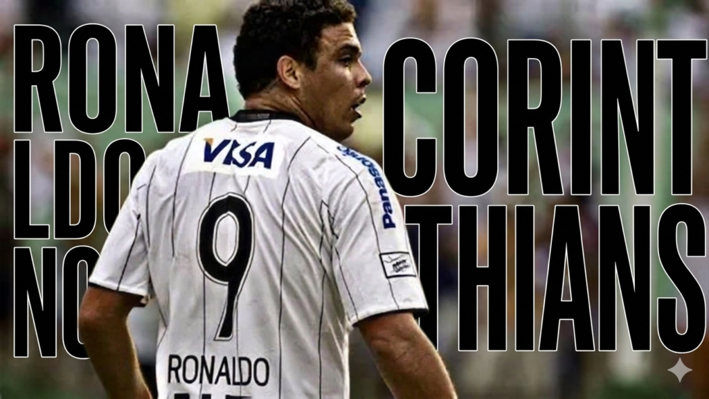Ronaldo Fenômeno com a camisa 9 do Corinthians comemorando gol com os braços abertos diante da torcida.