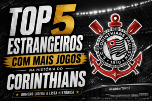 Imagem temática do Corinthians com escudo do clube e texto “Top 5 Estrangeiros com Mais Jogos na História do Corinthians” sobre fundo da Neo Química Arena.