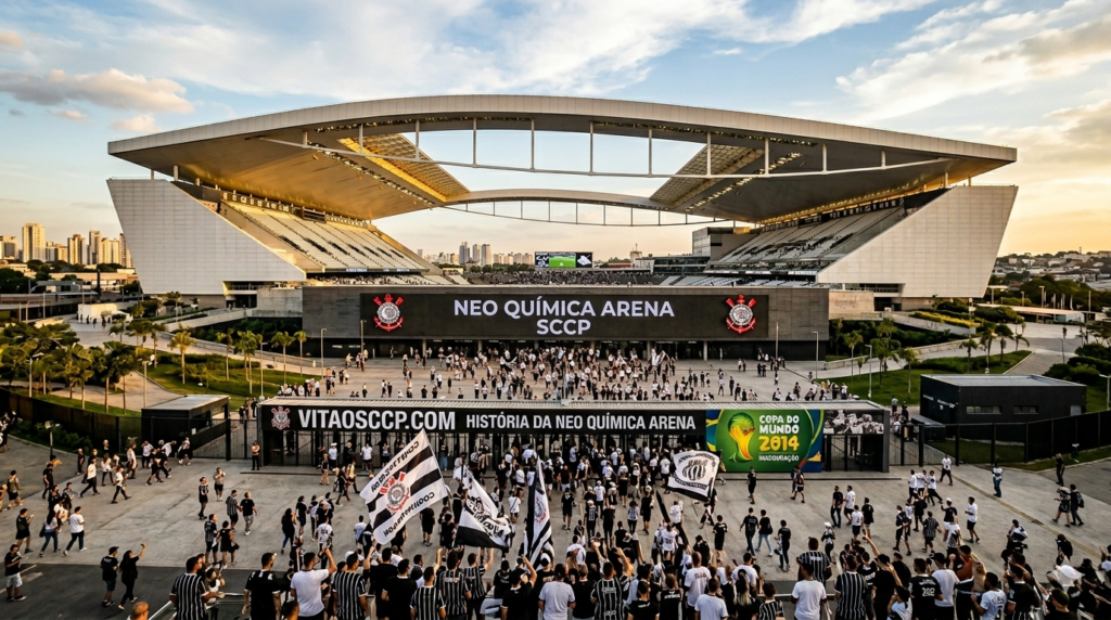 Neo Química Arena iluminada antes de jogo do Corinthians