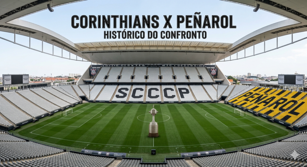 Imagem de capa para o histórico do confronto Corinthians x Peñarol com a Neo Química Arena ao fundo e a taça da Libertadores.