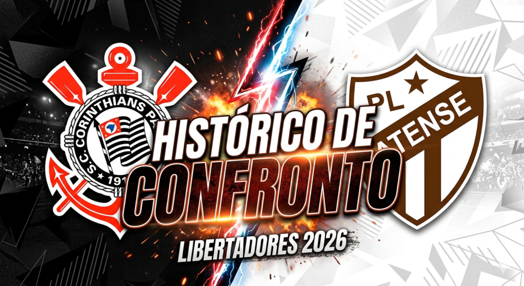 Gráfico vibrante de 'Matchday' com os escudos de Corinthians (lado esquerdo) e Platense (lado direito), separados por raios azuis, vermelhos e efeitos de fogo. No centro, em destaque, o texto: 'HISTÓRICO DE CONFRONTO'. Abaixo do título, o subtítulo: 'LIBERTADORES 2026'.