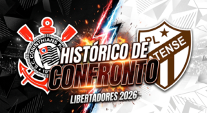 Gráfico vibrante de 'Matchday' com os escudos de Corinthians (lado esquerdo) e Platense (lado direito), separados por raios azuis, vermelhos e efeitos de fogo. No centro, em destaque, o texto: 'HISTÓRICO DE CONFRONTO'. Abaixo do título, o subtítulo: 'LIBERTADORES 2026'.