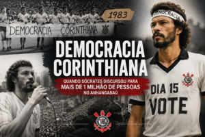 Sócrates durante a Democracia Corinthiana em montagem sobre o discurso histórico no Vale do Anhangabaú.