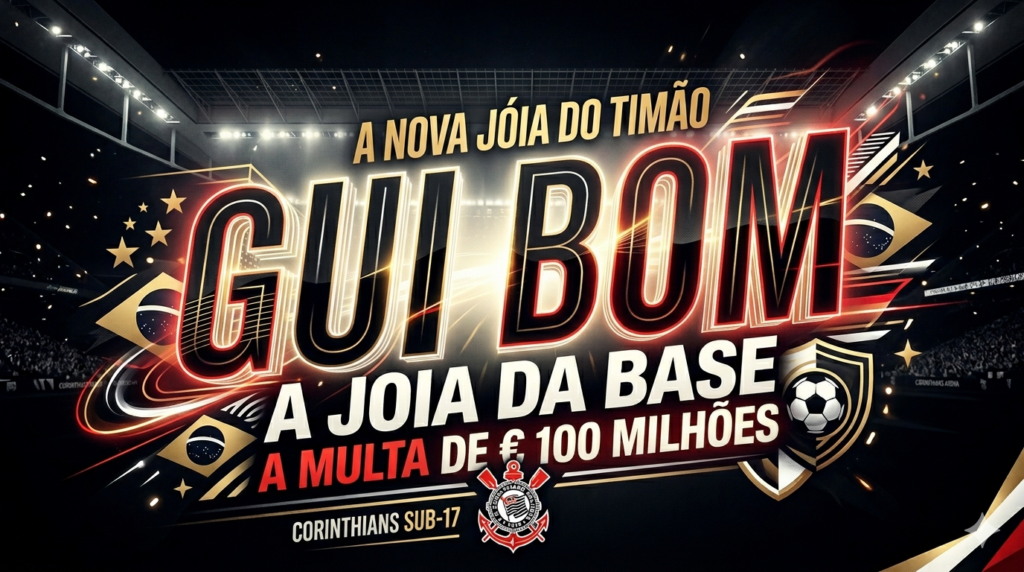 Arte esportiva chamativa em tons de preto, dourado e vermelho com o nome Gui Bom em letras 3D gigantes, destacando a informação de multa rescisória de 100 milhões de euros para o mercado internacional.