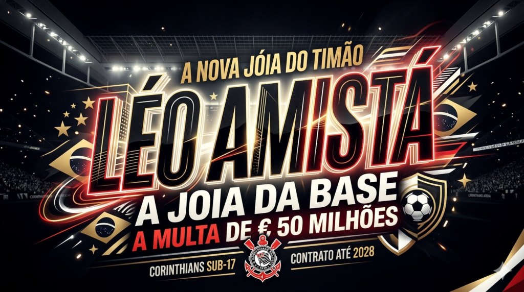 Arte chamativa com o nome do jogador Léo Amistá em destaque, destacando a frase a joia da base com multa de 50 milhões de euros e o escudo do Corinthians.