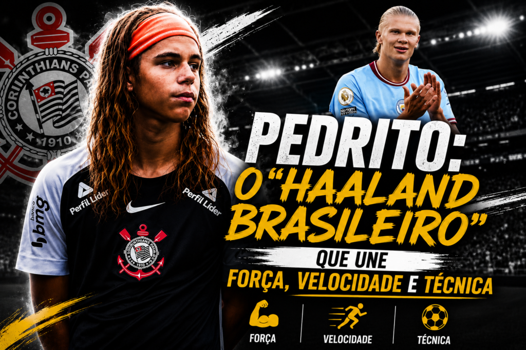 Pedrito, promessa da base do Corinthians, comparado ao Haaland brasileiro por sua força, velocidade e técnica.